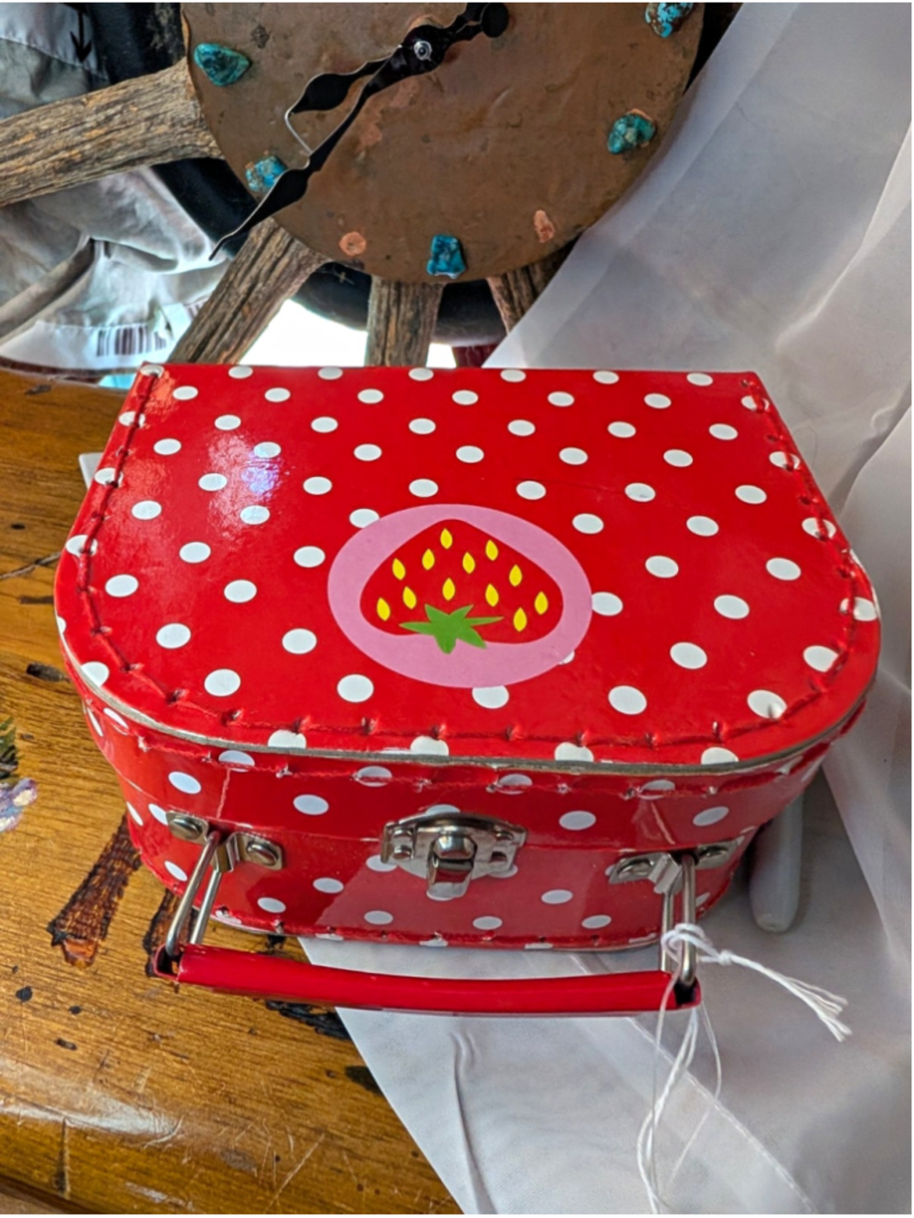 HEMA Red Polka Dot Ceramic Doll Tea Set Suitcase Strawberry Vintage Style READ